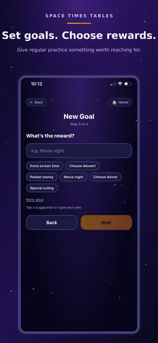 Goal setup screen with parent-selected rewards